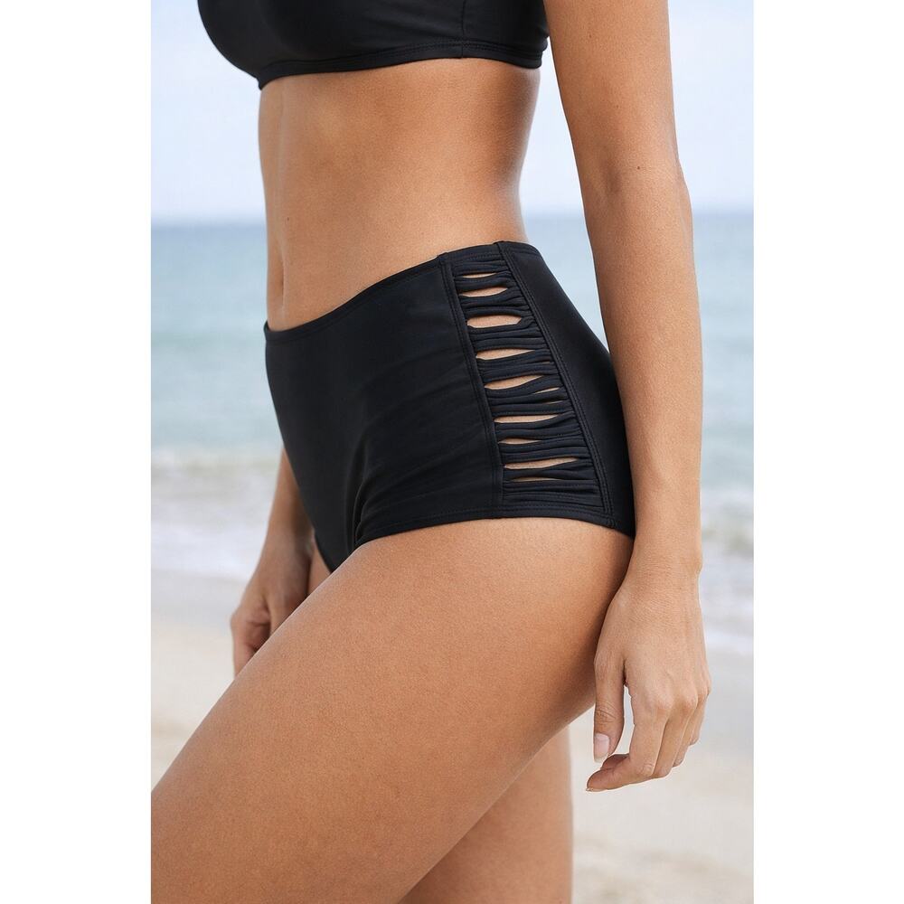 Malibu Dream Girl XL Black High Rise Bikini Bottoms Ruched Open Slit Sides NWT